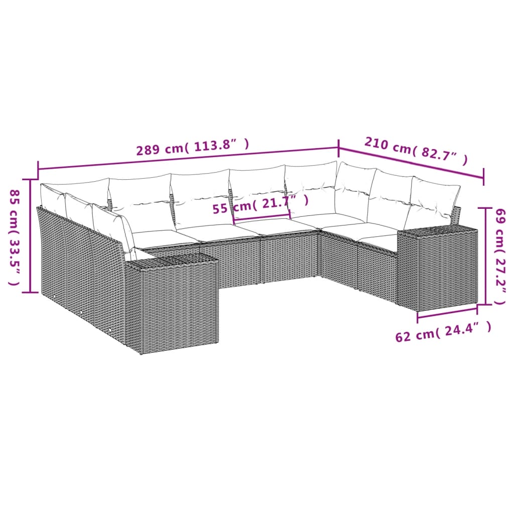 vidaXL Salon de jardin 9 pcs avec coussins Résine tressée Gris