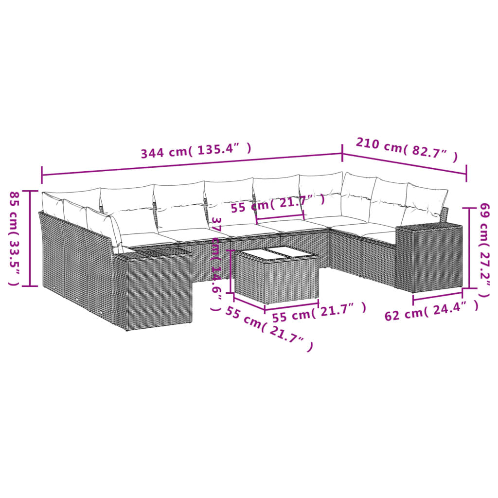 vidaXL 11-tlg. Garten-Sofagarnitur mit Kissen Grau Poly Rattan