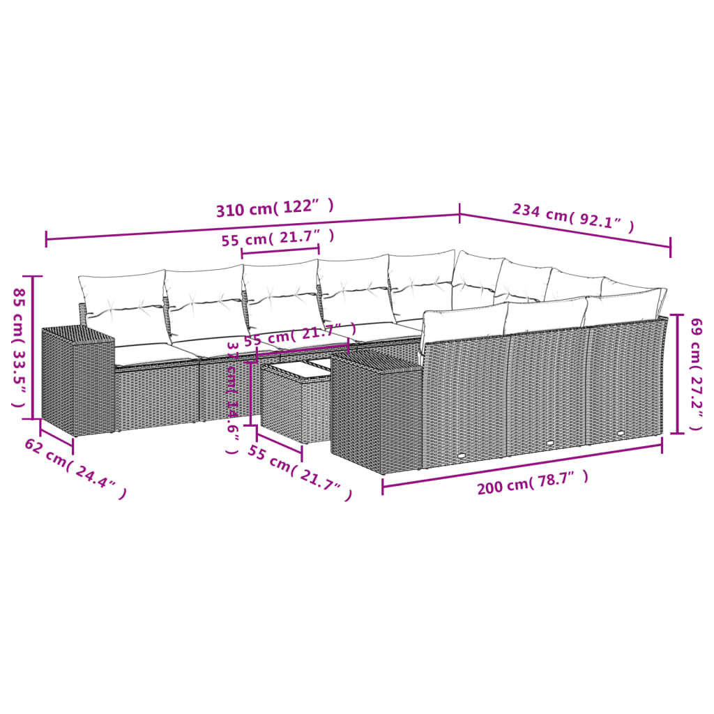 vidaXL 11-tlg. Garten-Sofagarnitur mit Kissen Beige Poly Rattan