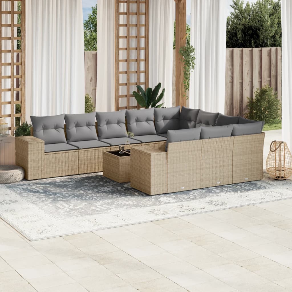 vidaXL 11-tlg. Garten-Sofagarnitur mit Kissen Beige Poly Rattan