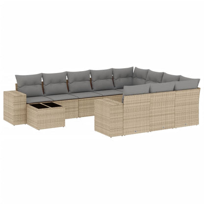 vidaXL 11-tlg. Garten-Sofagarnitur mit Kissen Beige Poly Rattan