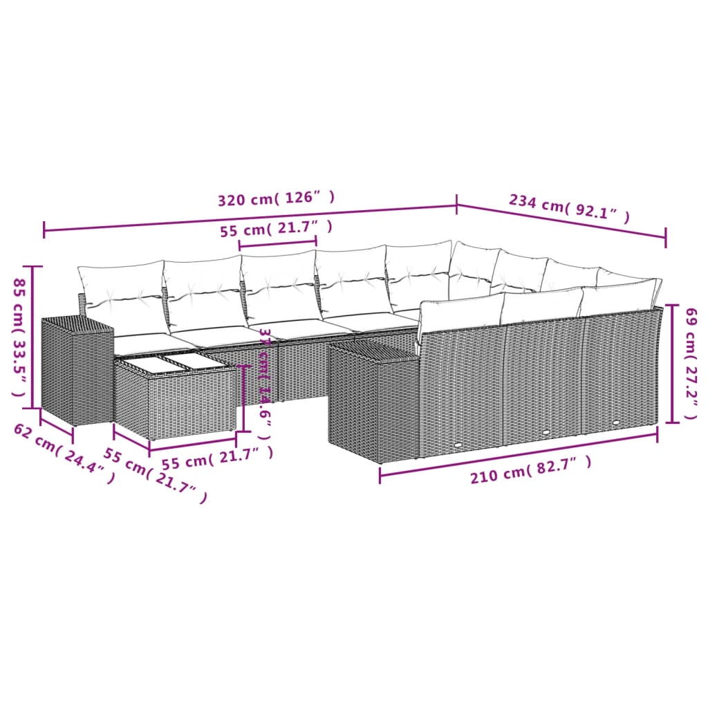 vidaXL 11-tlg. Garten-Sofagarnitur mit Kissen Beige Poly Rattan