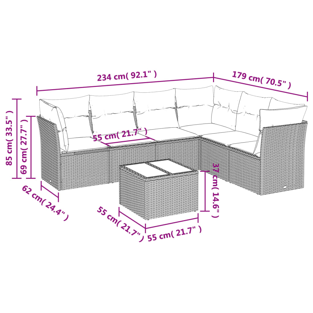 vidaXL 7-tlg. Garten-Sofagarnitur mit Kissen Beige Poly Rattan