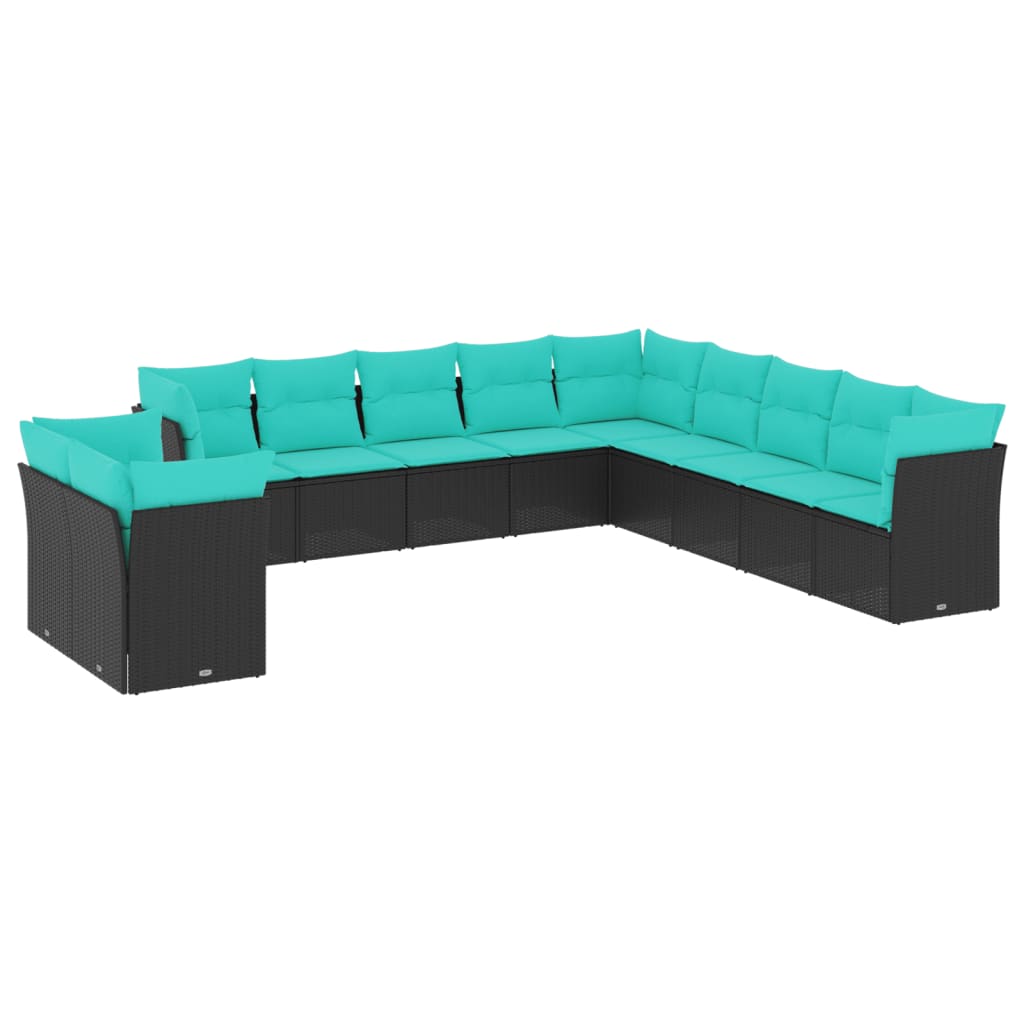 11-teiliges Gartensofa-Set mit Kissen, schwarzes Polyrattan