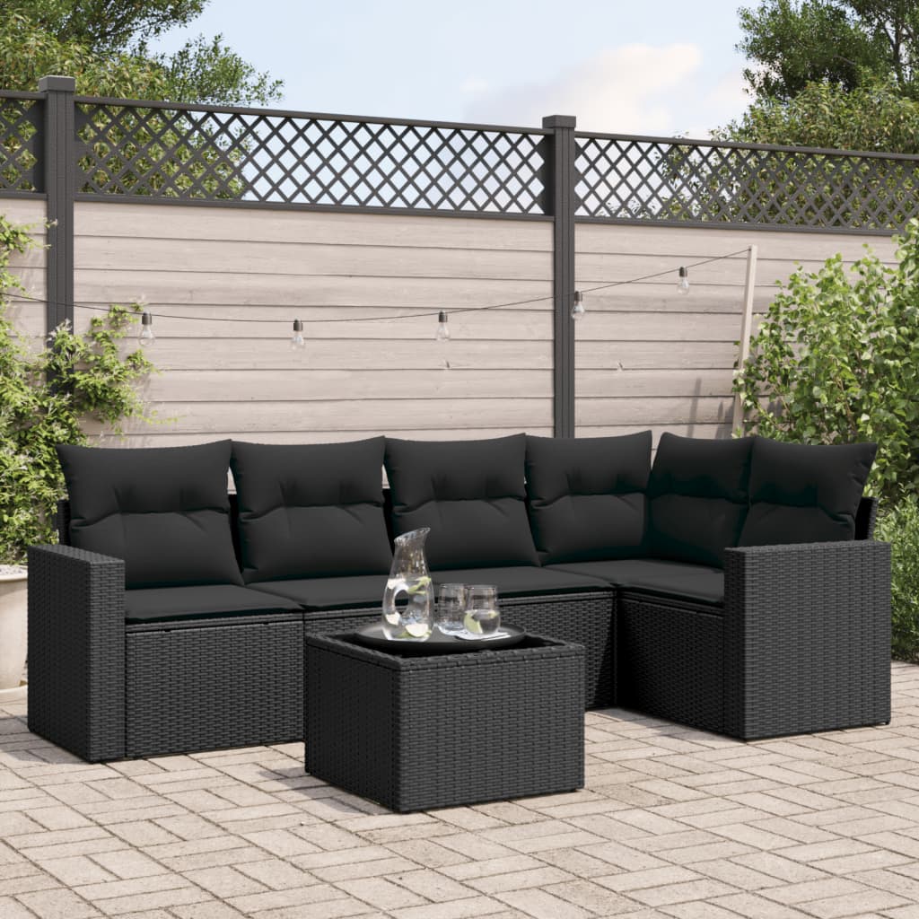 vidaXL Salon de jardin 6 pcs avec coussins Noir Résine tressée