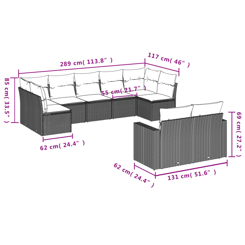 vidaXL 9-tlg. Garten-Sofagarnitur mit Kissen Schwarz Poly Rattan