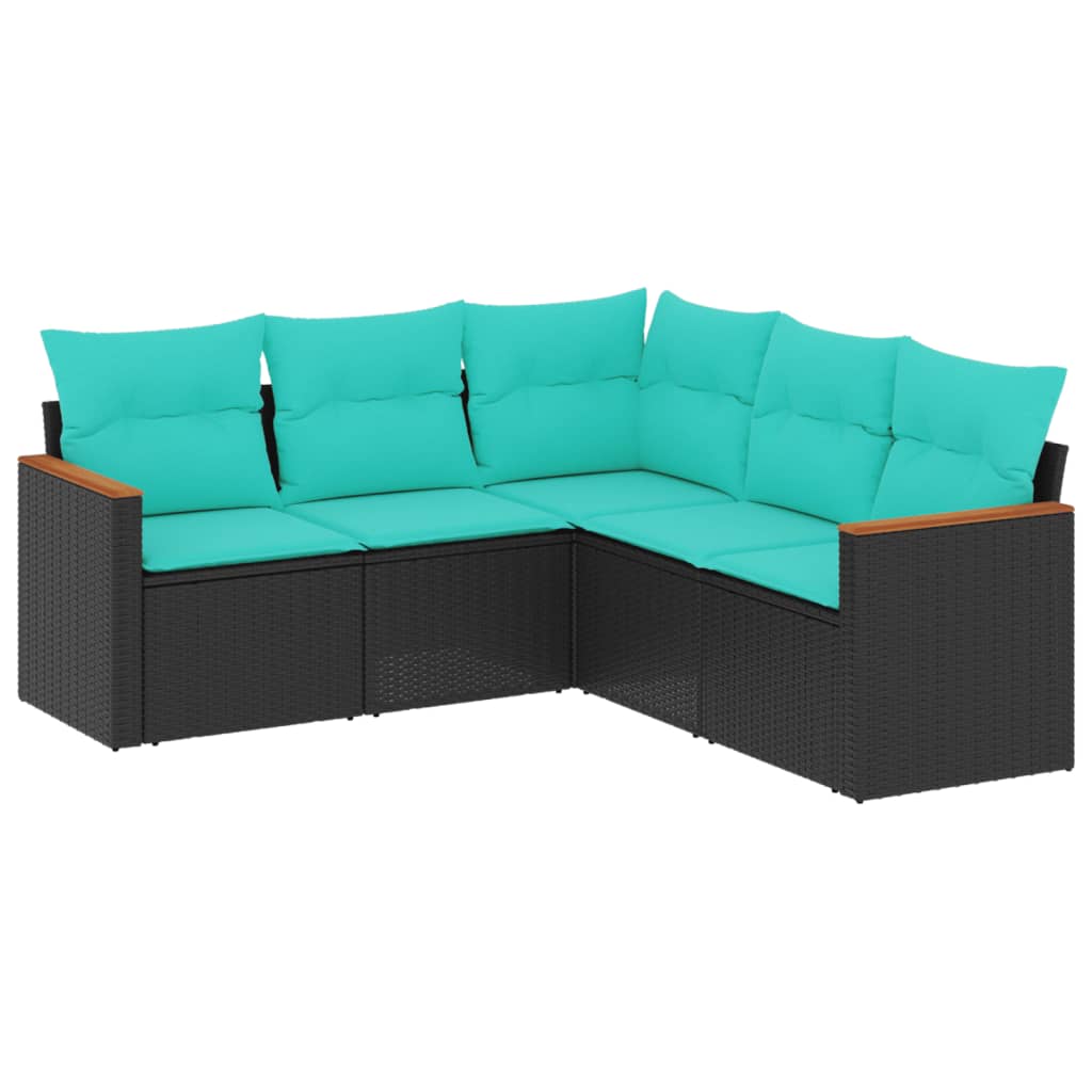 5-teiliges Gartensofa-Set mit Kissen, schwarzes Polyrattan