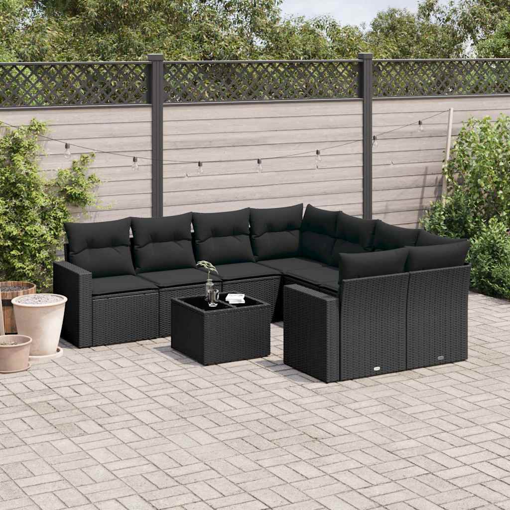 vidaXL Salon de jardin 9 pcs avec coussins Noir Résine tressée