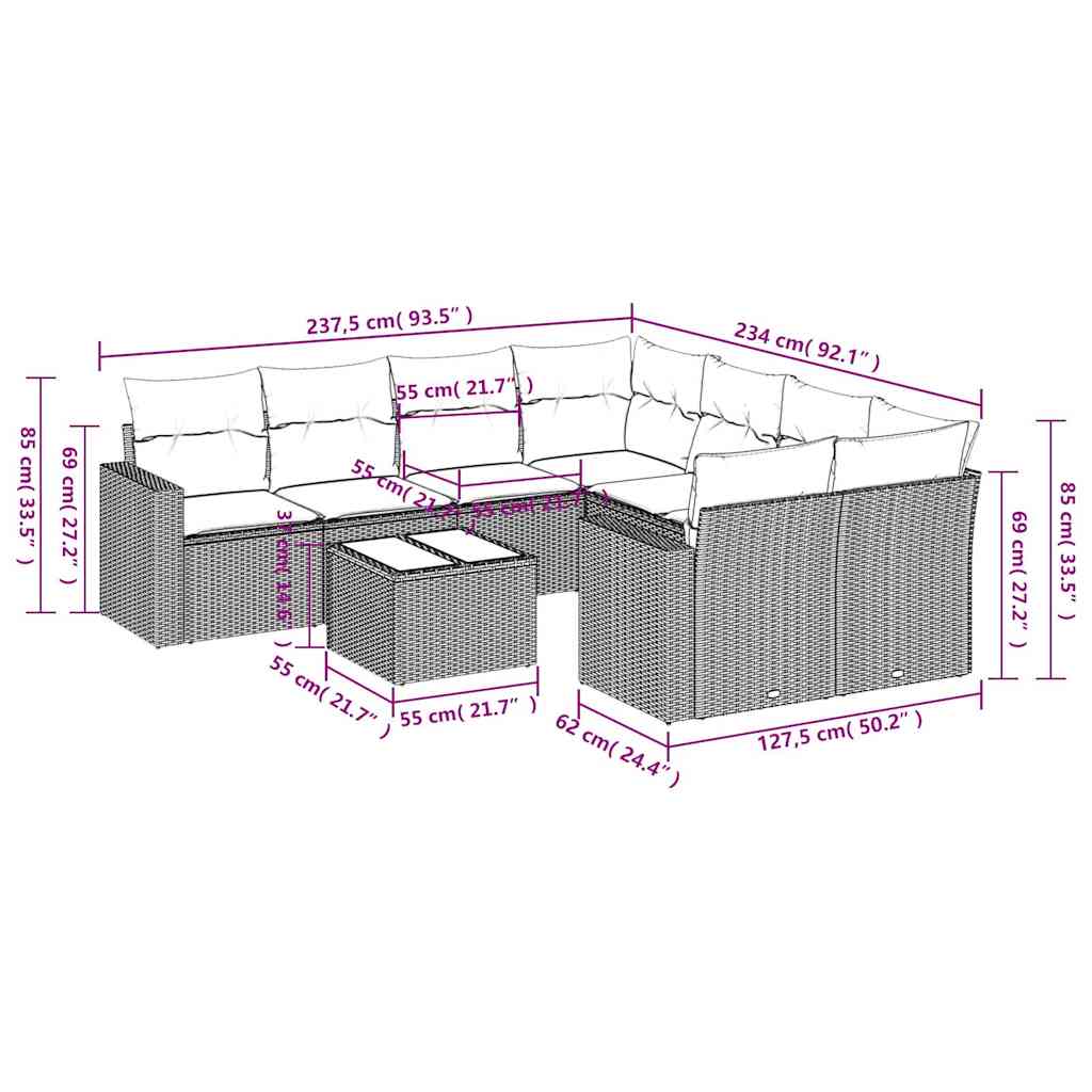 vidaXL Salon de jardin 9 pcs avec coussins Gris clair résine tressée