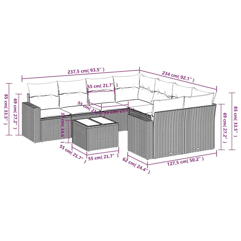 vidaXL 9-tlg. Garten-Sofagarnitur mit Kissen Braun Poly Rattan
