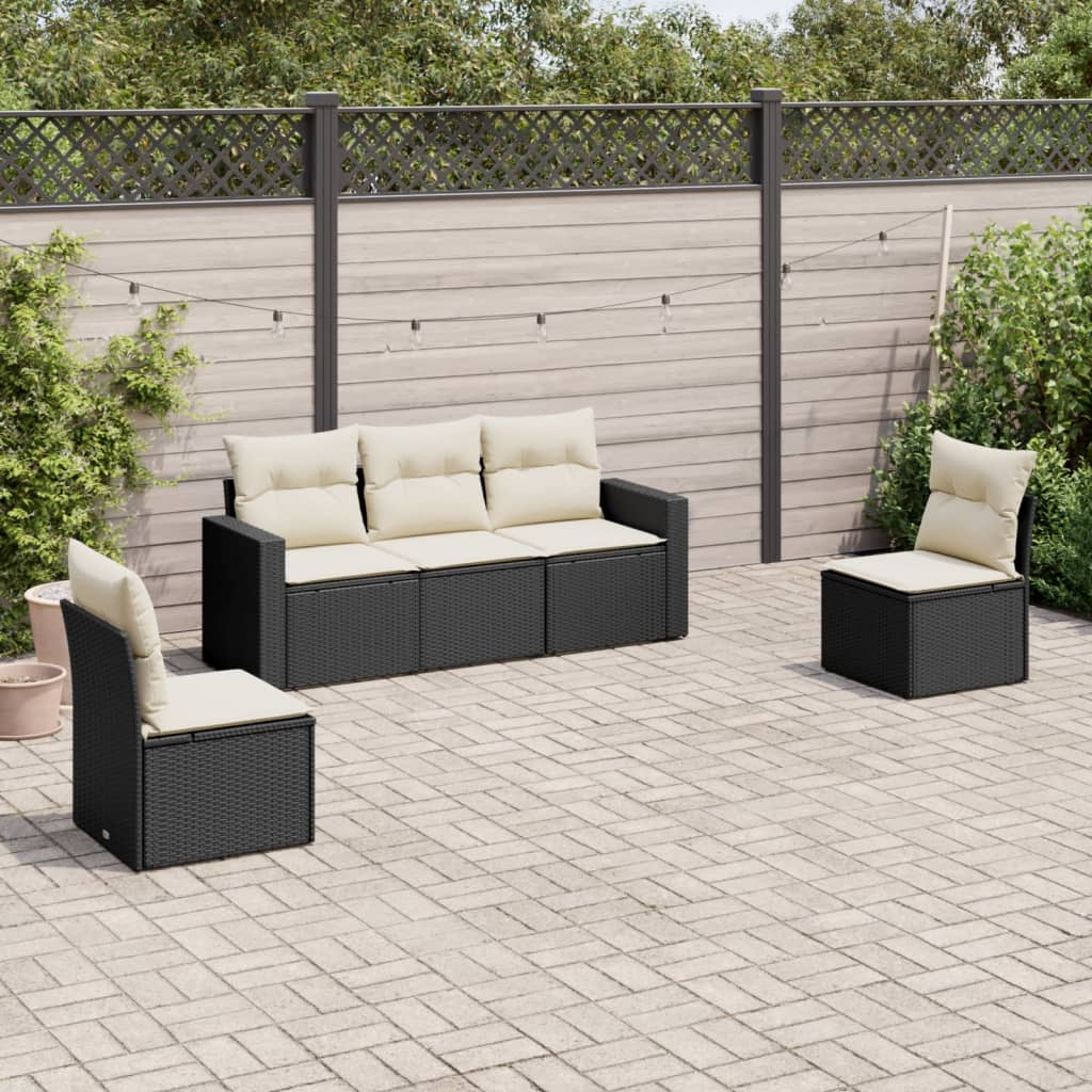vidaXL Ensemble de canapés de jardin 5 pcs avec coussins, résine tressée noire