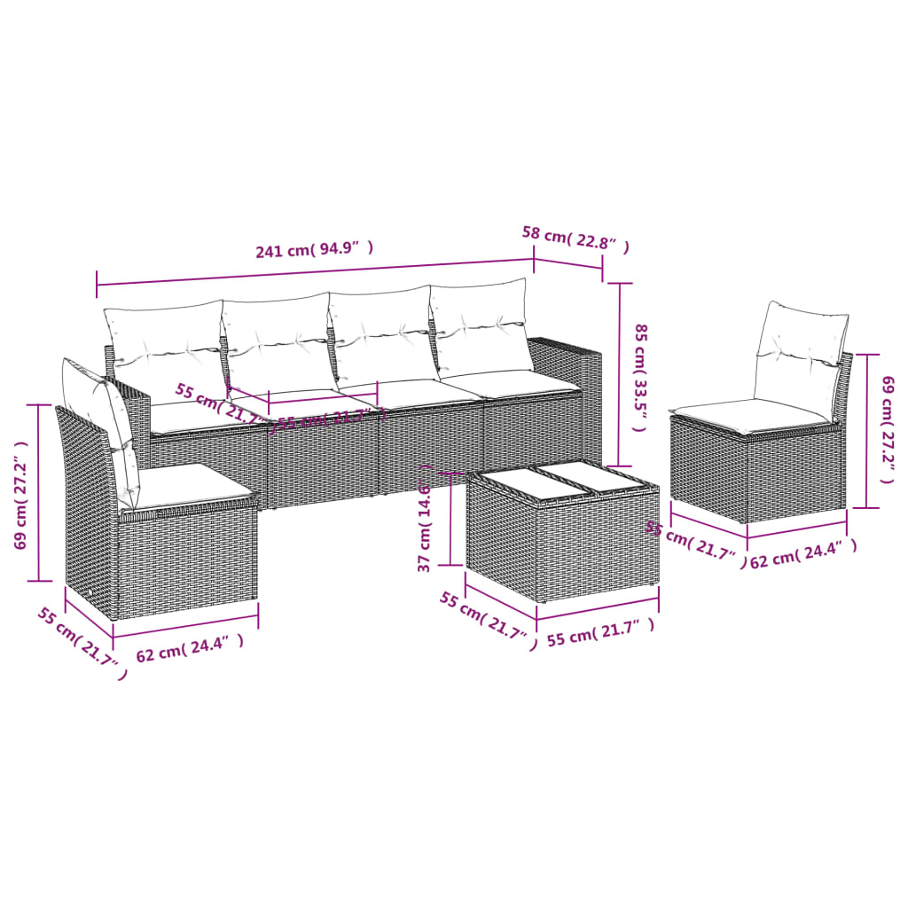 vidaXL 7-tlg. Garten-Sofagarnitur mit Kissen Braun Poly Rattan