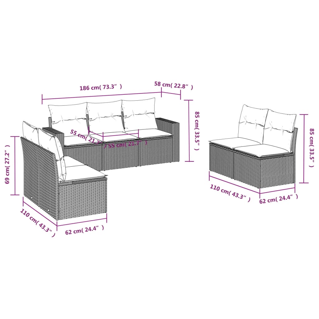 vidaXL Salon de jardin 7 pièces avec coussins en résine tressée beige