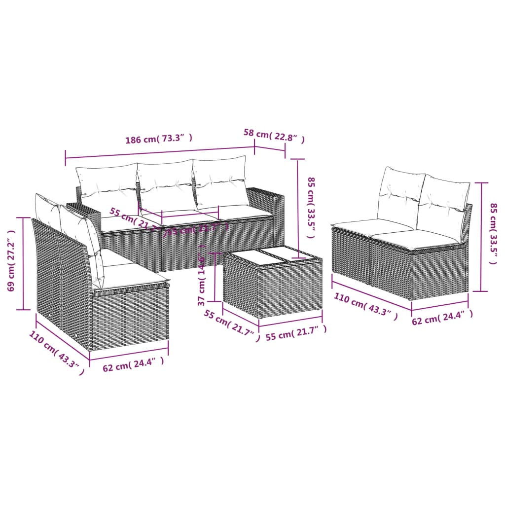 vidaXL Canapé d'angle de jardin 8 pcs avec coussins Résine tressée Beige