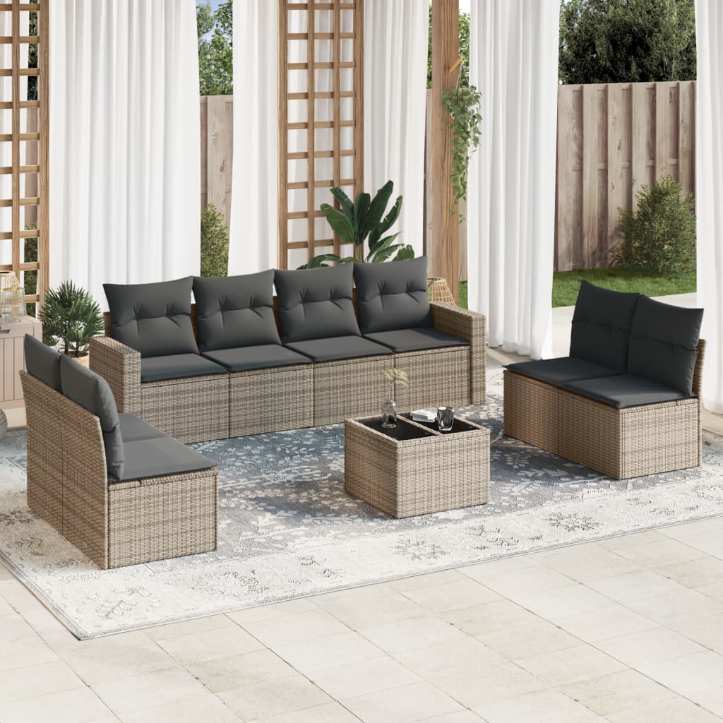vidaXL Salon de jardin 9 pcs avec coussins Résine tressée Gris