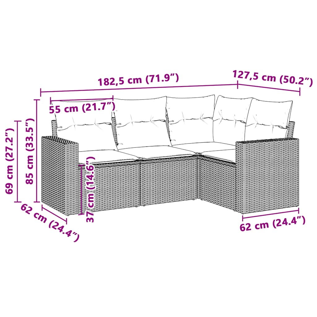 vidaXL 4-tlg. Garten-Sofagarnitur mit Kissen Hellgrau Poly Rattan