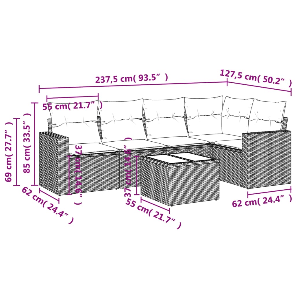 vidaXL 6-tlg. Garten-Sofagarnitur mit Kissen Braun Poly Rattan