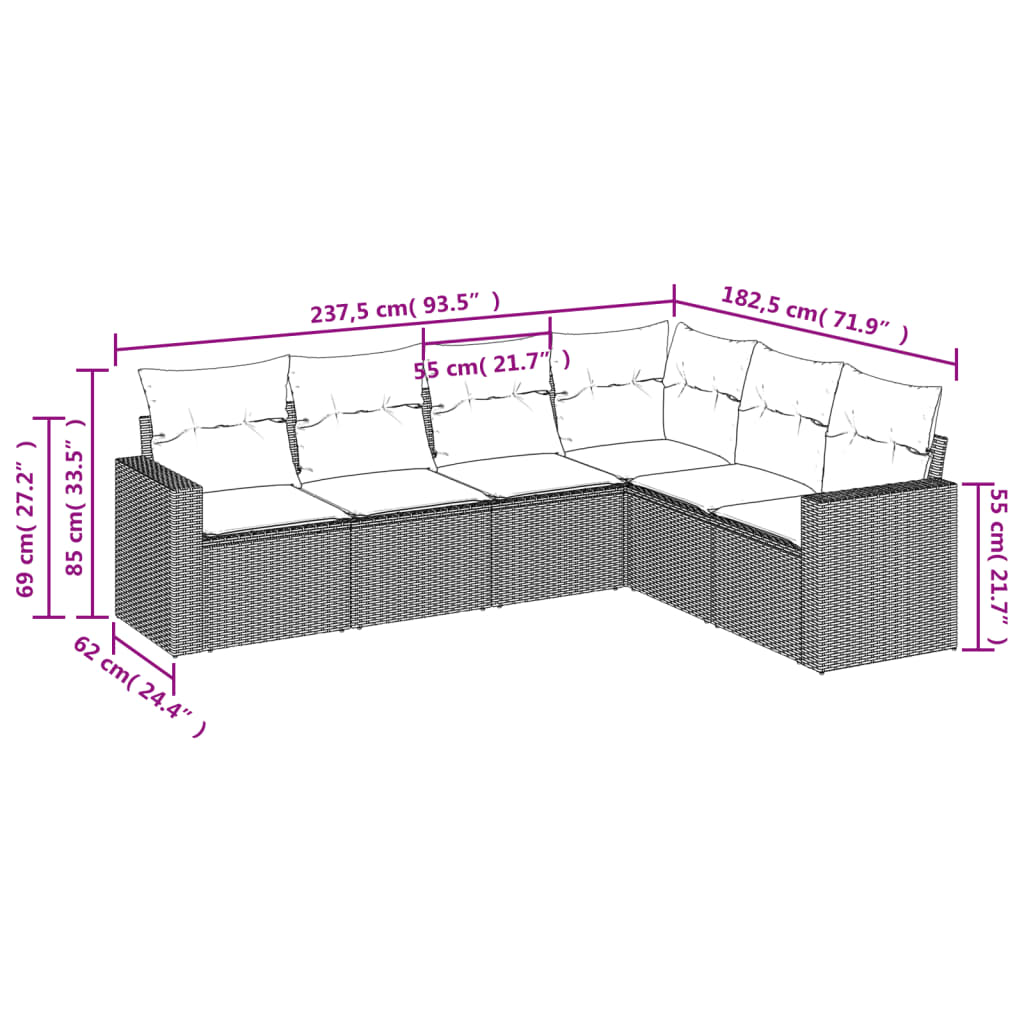 vidaXL 6-tlg. Garten-Sofagarnitur mit Kissen Hellgrau Poly Rattan