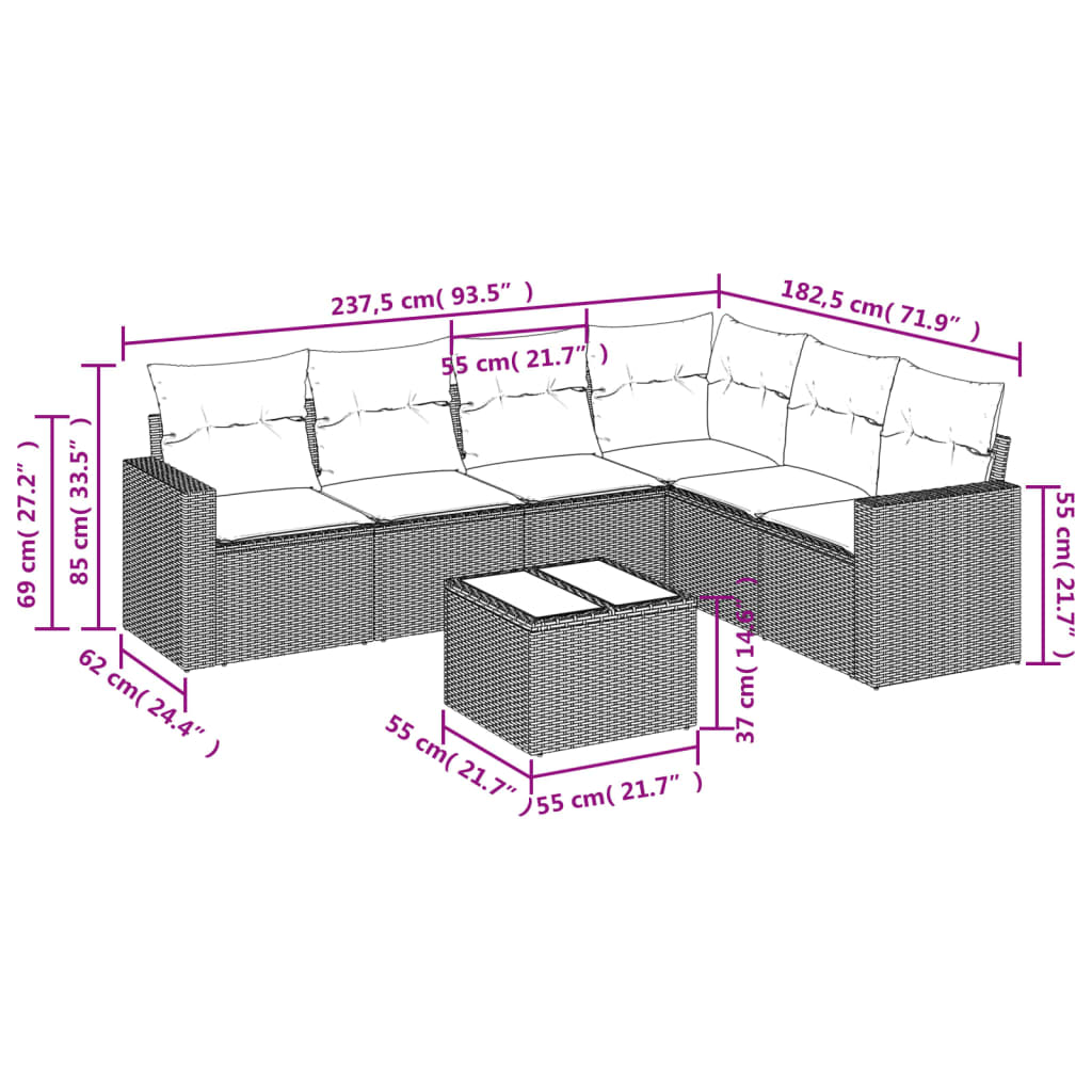 vidaXL Salon de jardin 7 pcs avec coussins Noir Résine tressée