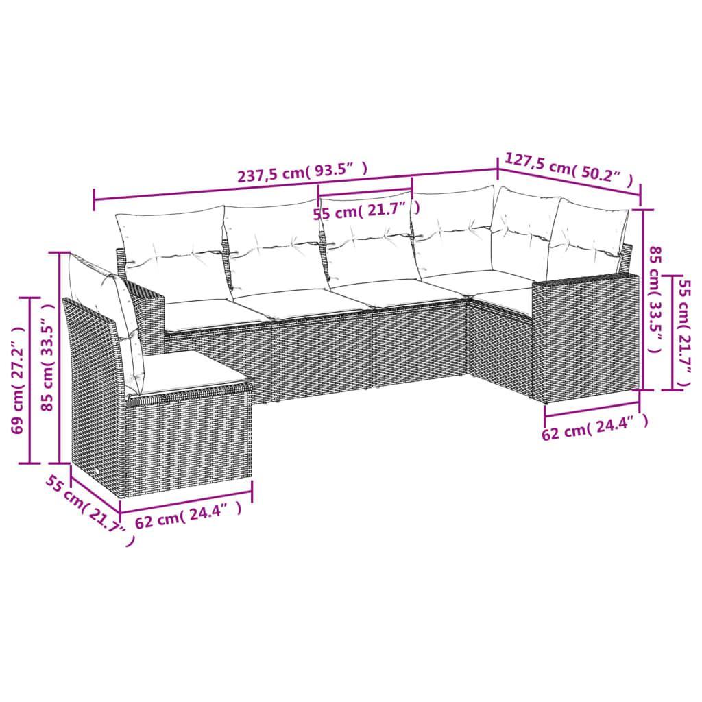 vidaXL Salon de jardin 6 pcs avec coussins Marron Résine tressée