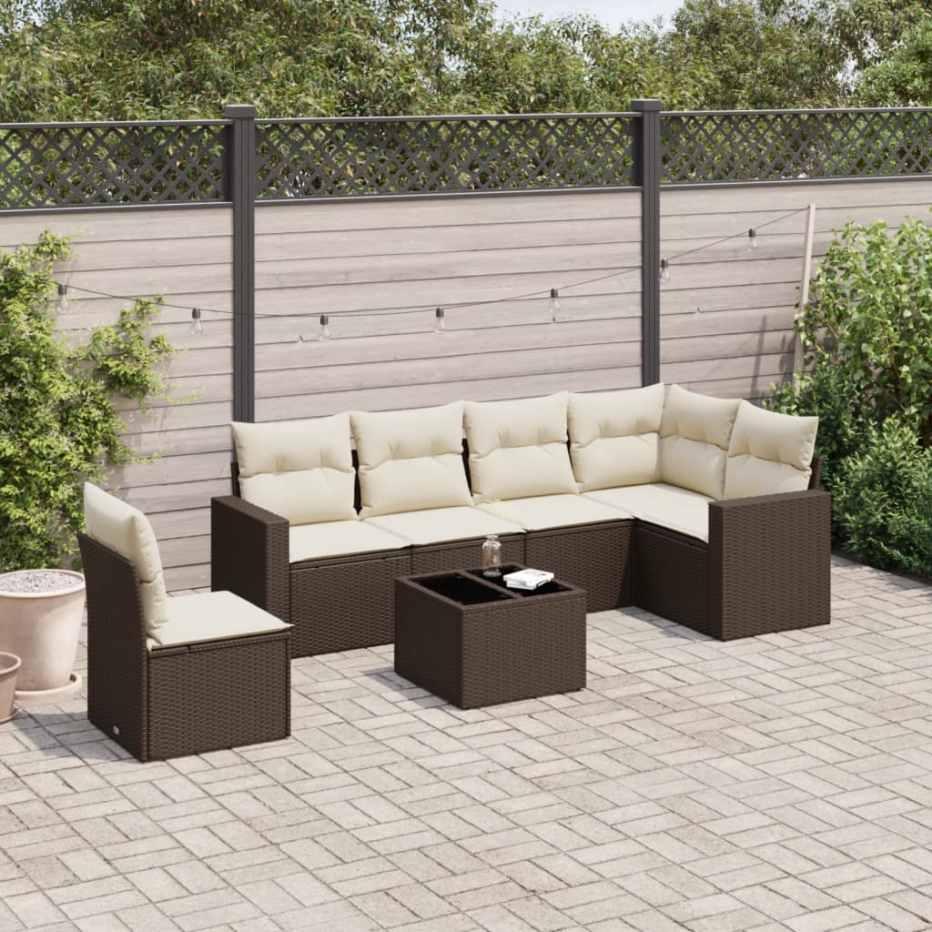 vidaXL Salon de jardin 7 pièces avec coussins résine tressée marron