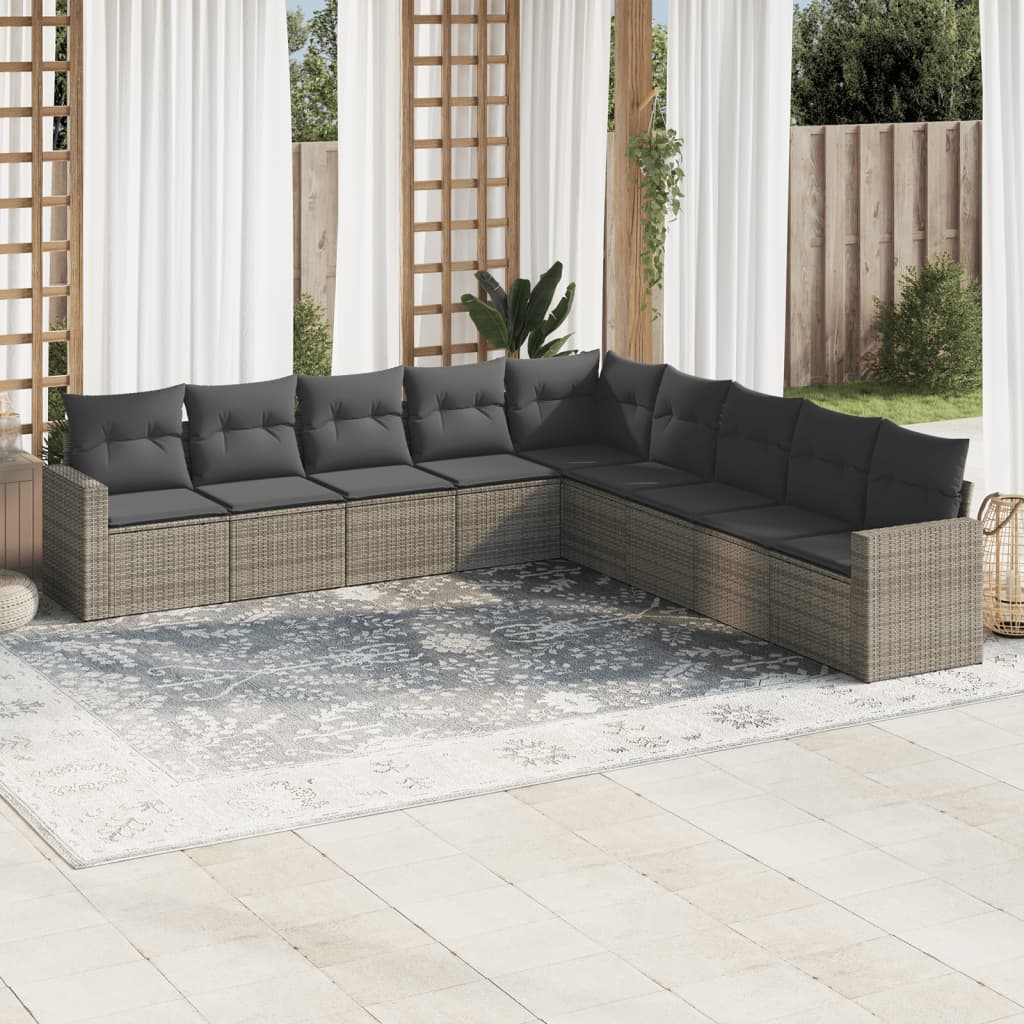 vidaXL Salon de jardin 9 pcs avec coussins Résine tressée Gris