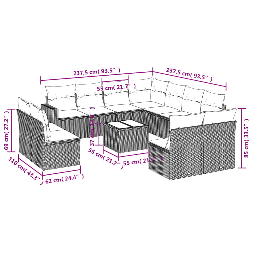 vidaXL Ensemble de canapés de jardin 12 pcs avec coussins Noir Résine tressée