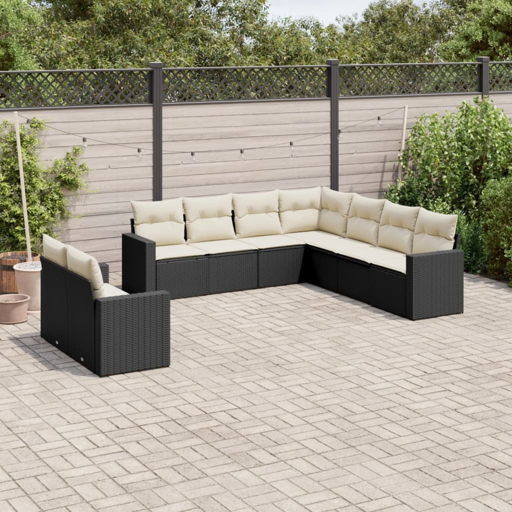 vidaXL Salon de jardin 9 pcs avec coussins Noir Résine tressée