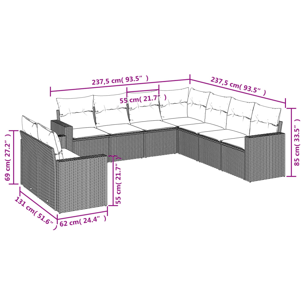 vidaXL Salon de jardin 9 pcs avec coussins Résine tressée Gris