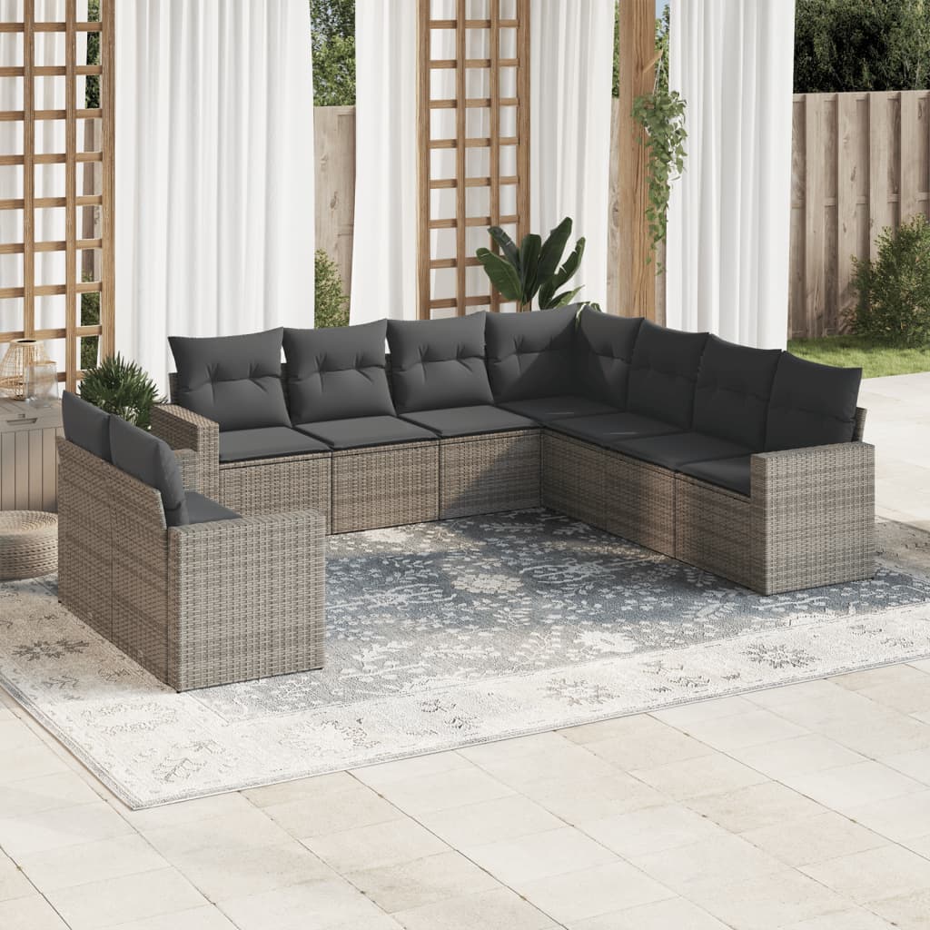 vidaXL Salon de jardin 9 pcs avec coussins Résine tressée Gris