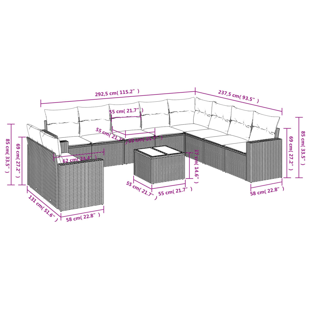 vidaXL Salon de jardin 11 pcs avec coussins Noir Résine tressée