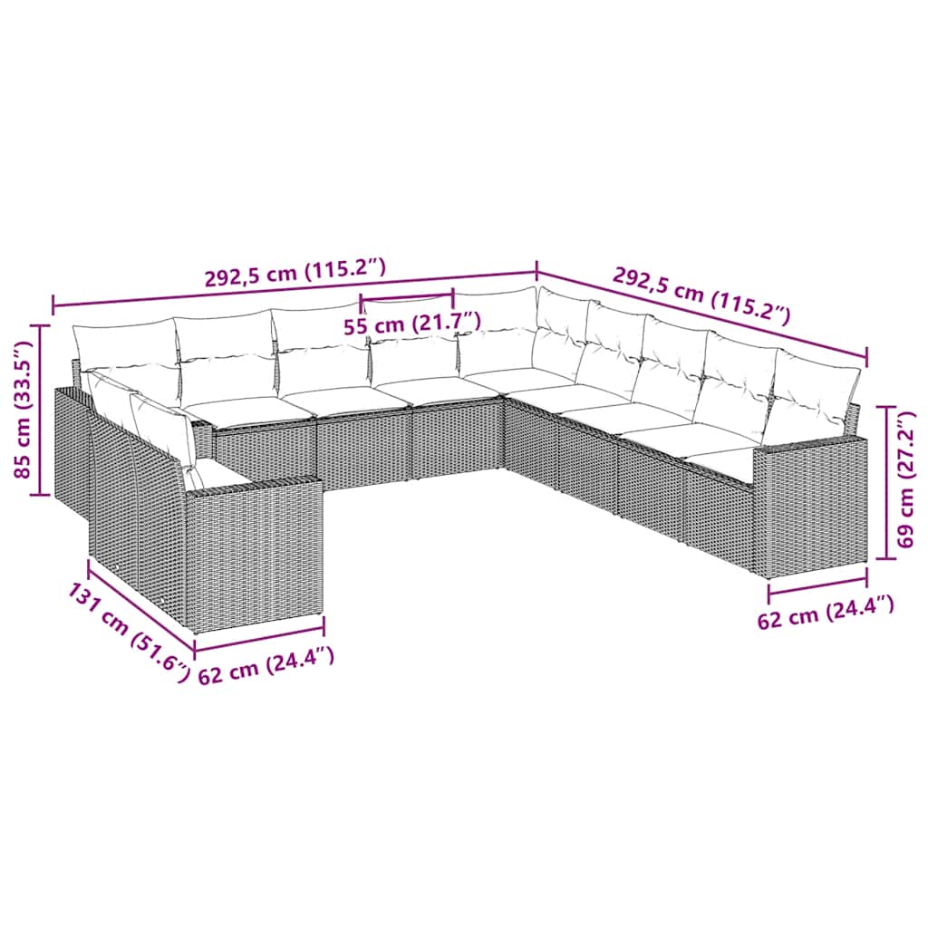 vidaXL 11-tlg. Garten-Sofagarnitur mit Kissen Schwarz Poly Rattan