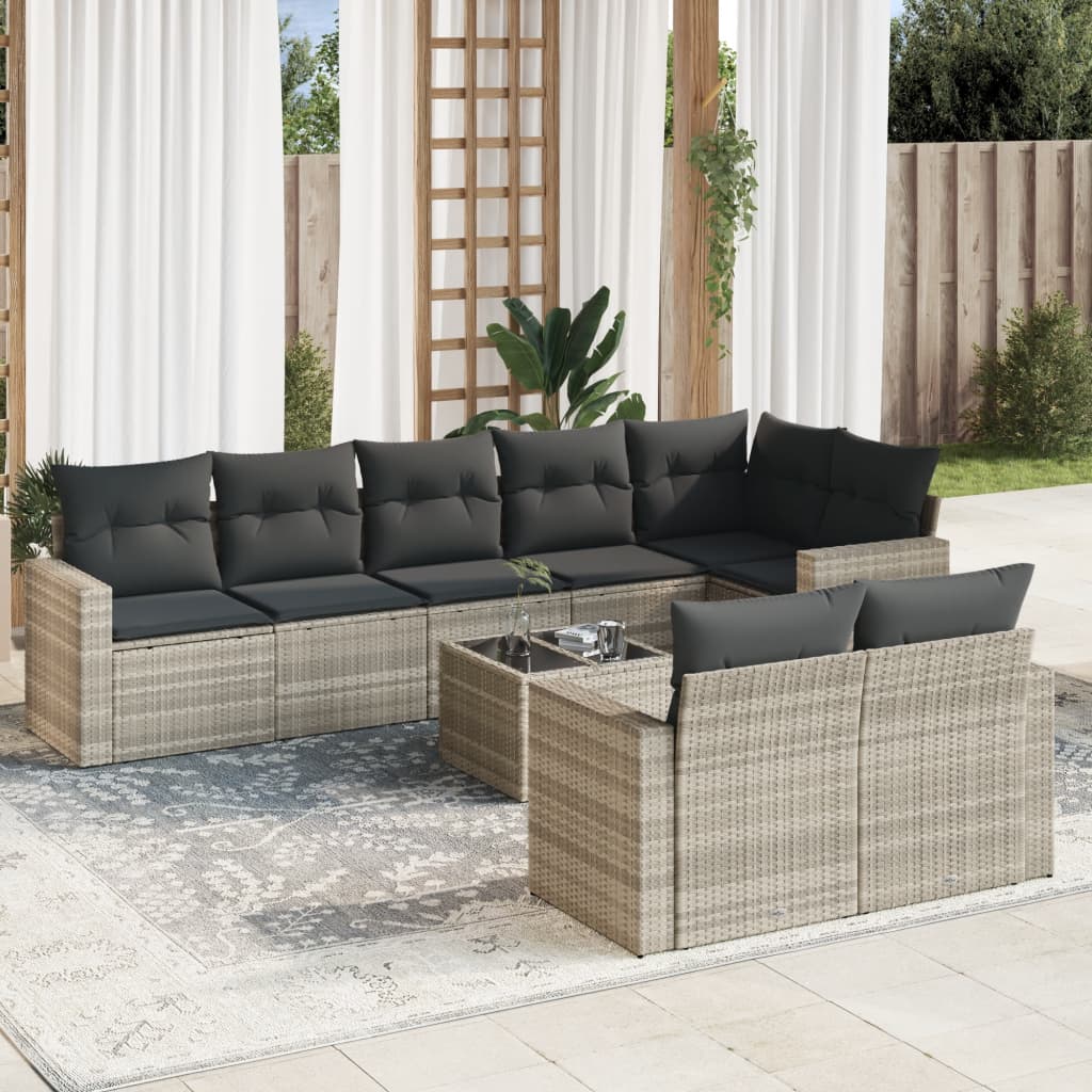 vidaXL Salon de jardin 9 pcs avec coussins Gris clair résine tressée