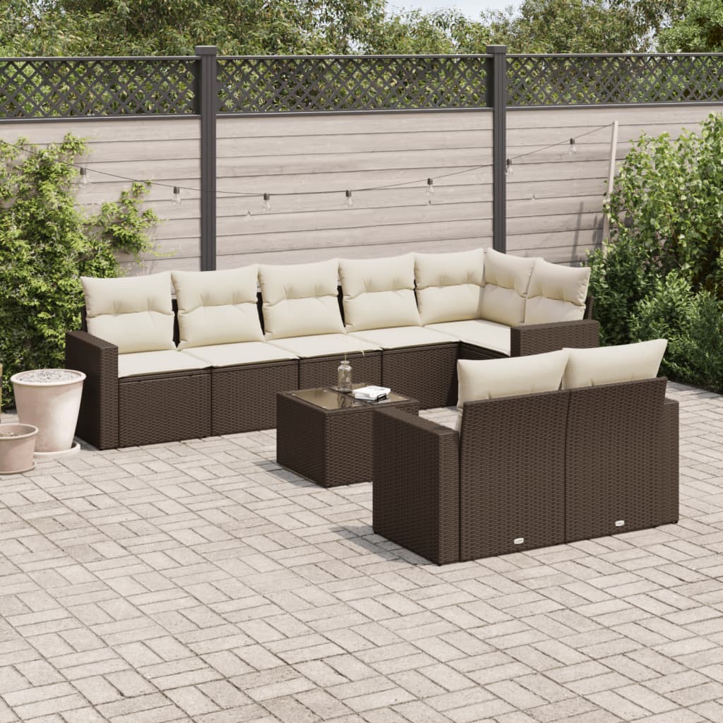 vidaXL Ensemble de canapés de jardin 9 pcs avec coussins résine tressée marron