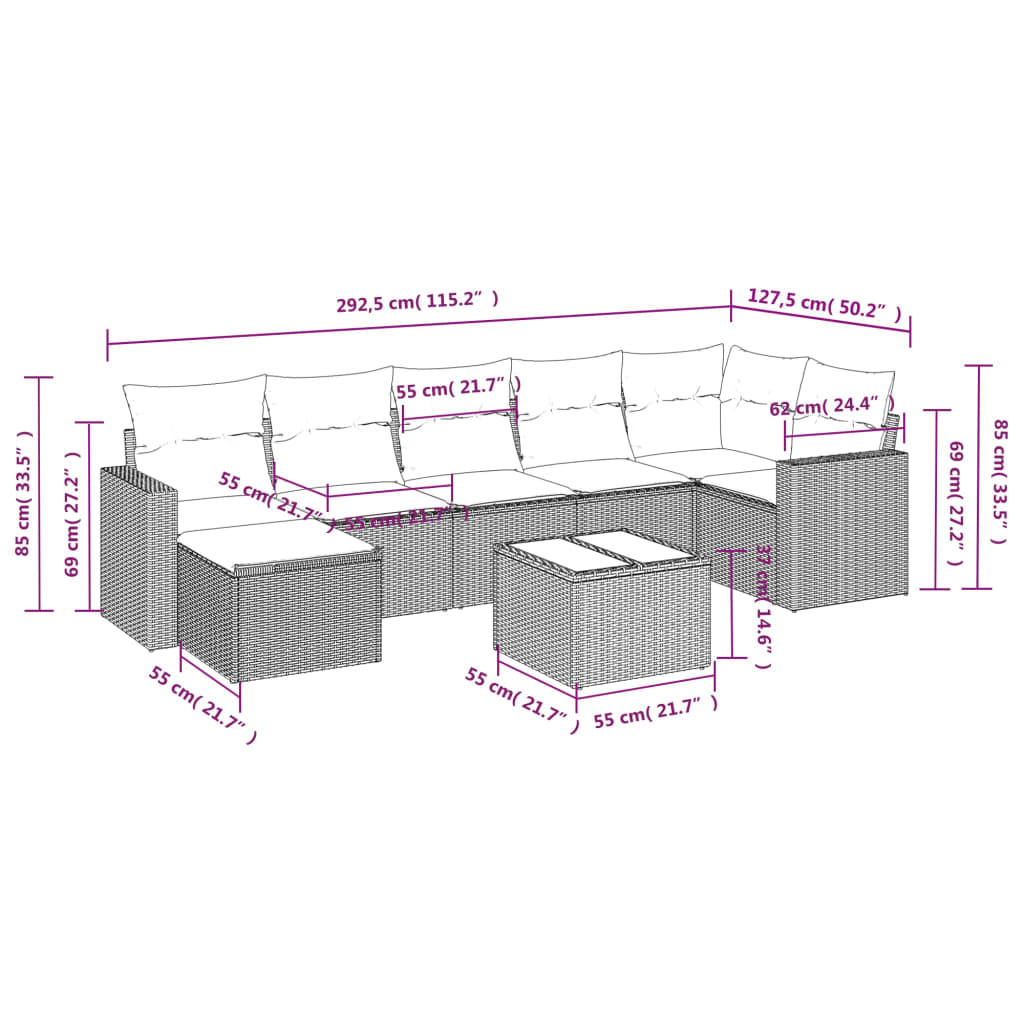 vidaXL Salon de jardin 8 pcs avec coussins marron résine tressée