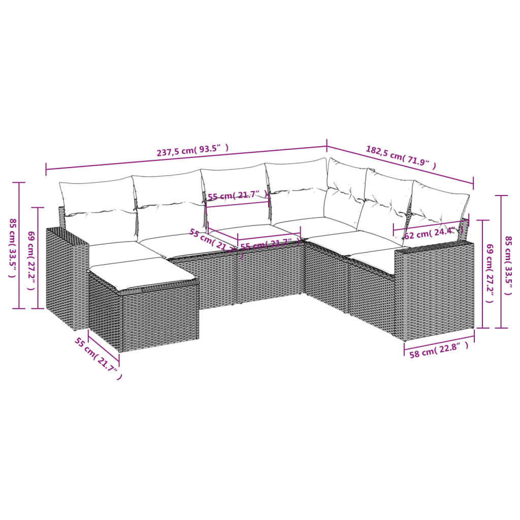 vidaXL 7-tlg. Garten-Sofagarnitur mit Kissen Hellgrau Poly Rattan