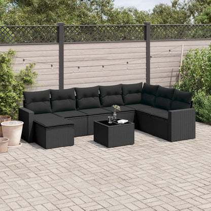 vidaXL Salon de jardin 9 pcs avec coussins Noir Résine tressée