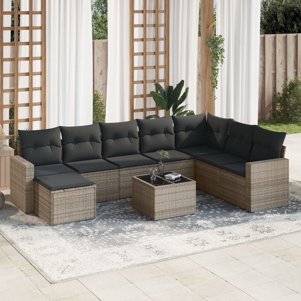 vidaXL Salon de jardin 9 pcs avec coussins Résine tressée Gris