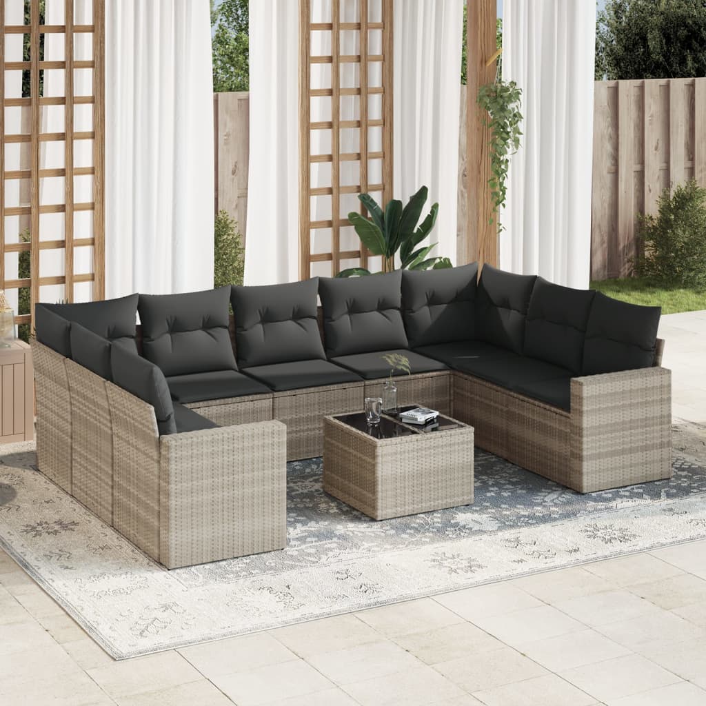vidaXL Salon de jardin 10 pcs avec coussins gris clair résine tressée