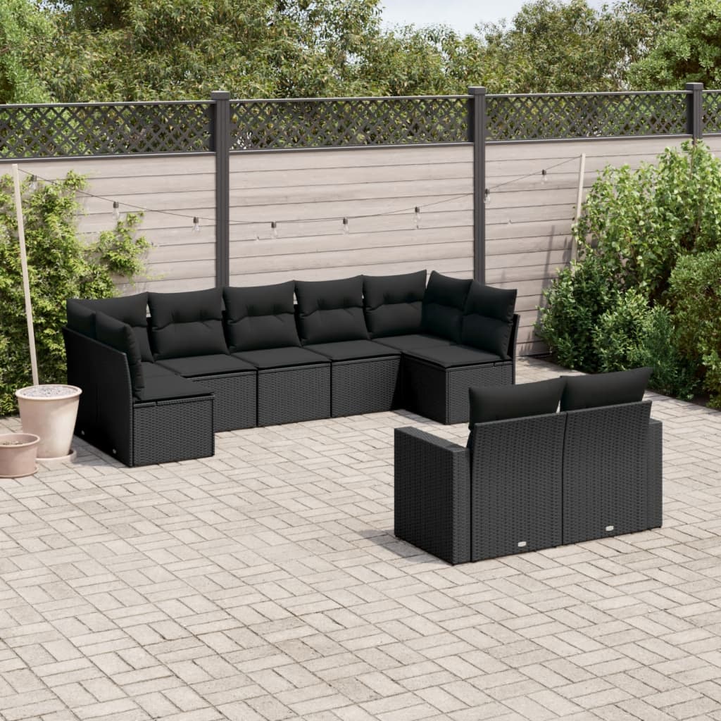 vidaXL Salon de jardin 9 pcs avec coussins Noir Résine tressée