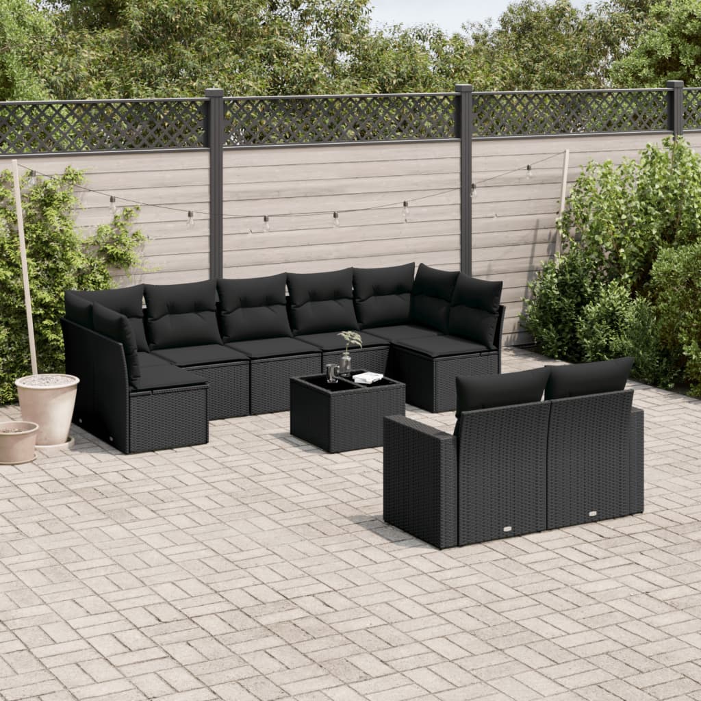 vidaXL Salon de jardin 10 pcs avec coussins Noir Résine tressée
