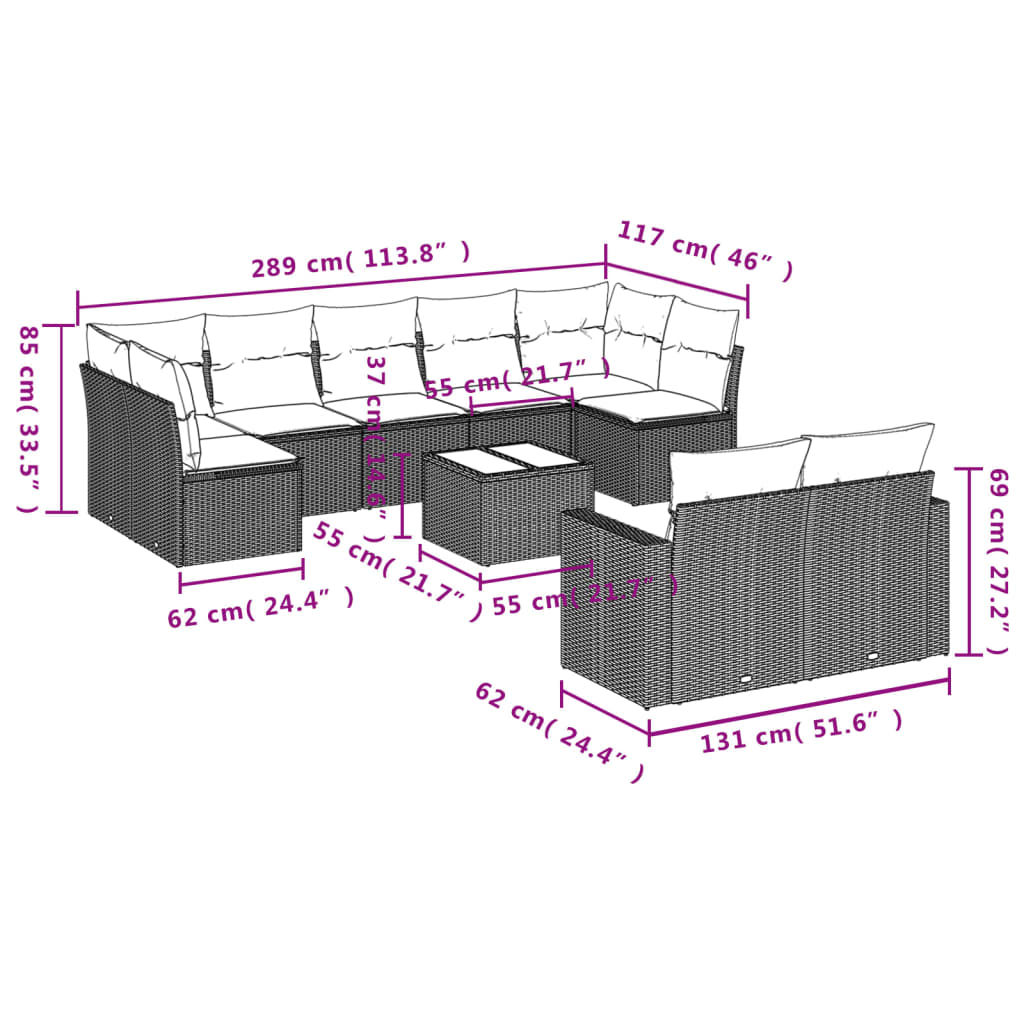 vidaXL Salon de jardin 10 pcs avec coussins beige résine tressée