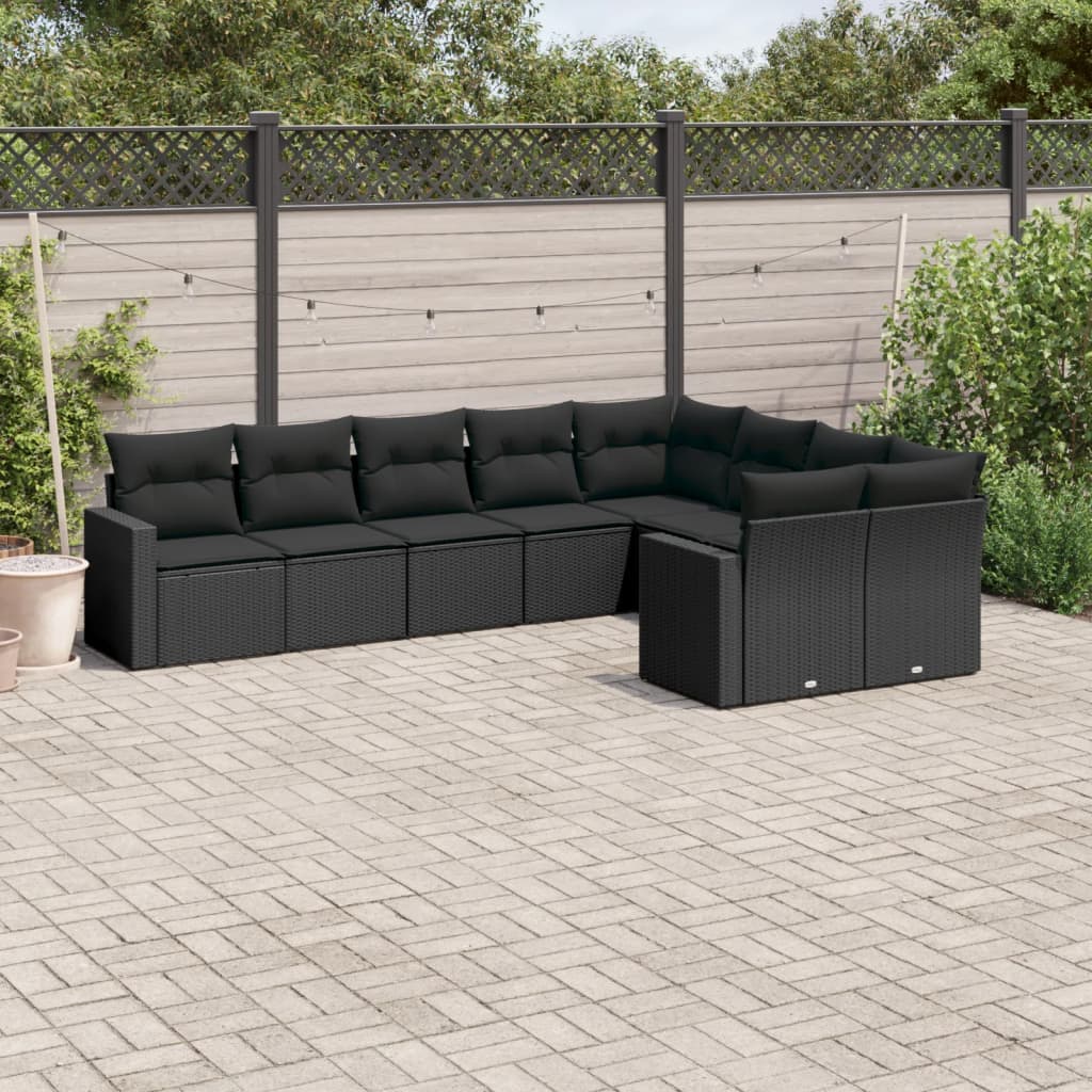 vidaXL Salon de jardin 9 pcs avec coussins Noir Résine tressée