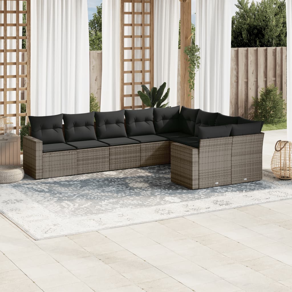 vidaXL Salon de jardin 9 pcs avec coussins Résine tressée Gris