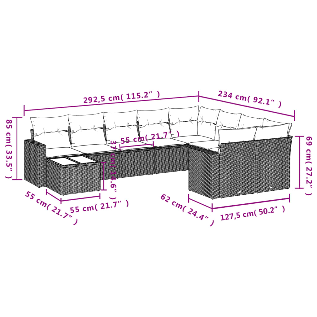 vidaXL Salon de jardin 10 pcs avec coussins résine tressée gris
