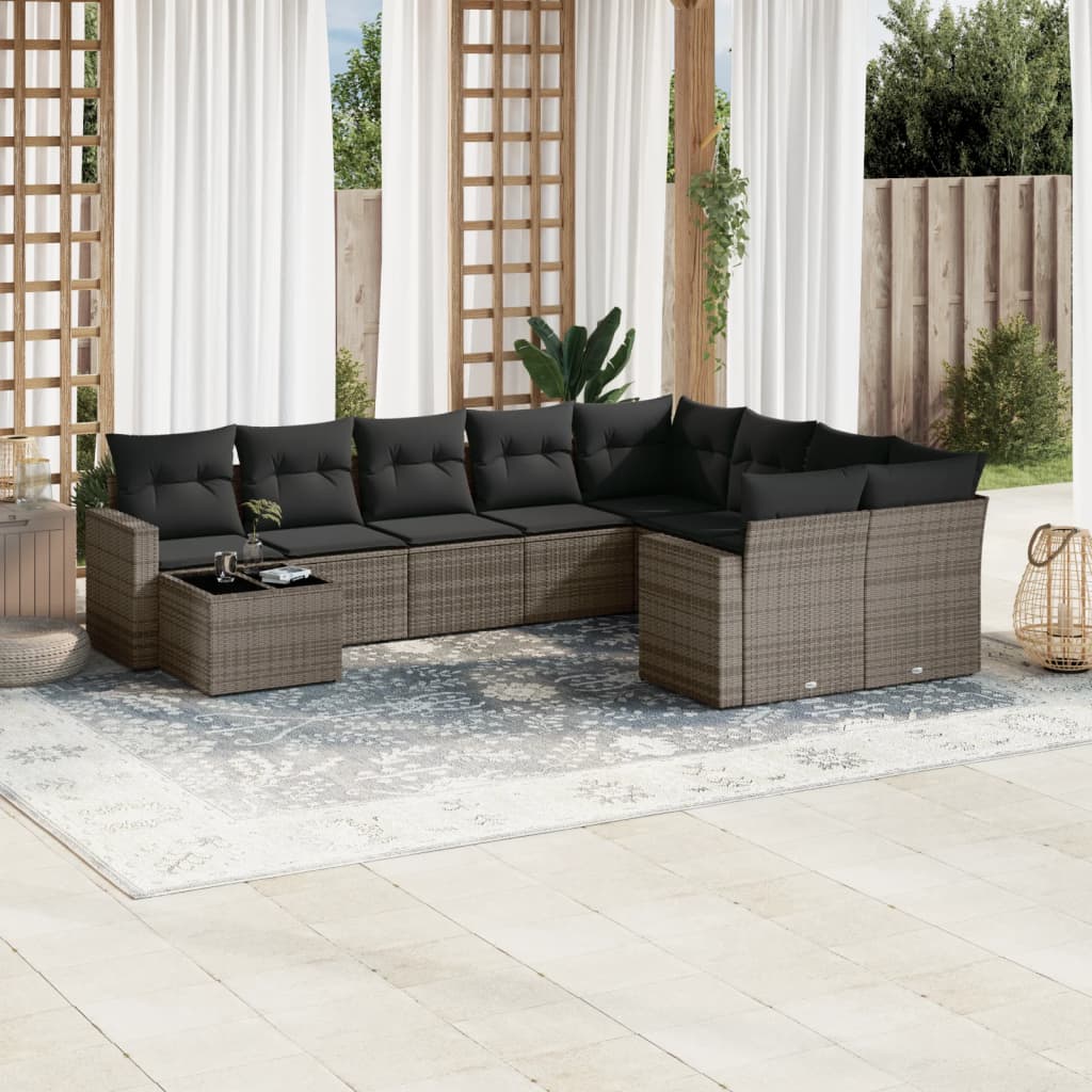 vidaXL Salon de jardin 10 pcs avec coussins résine tressée gris