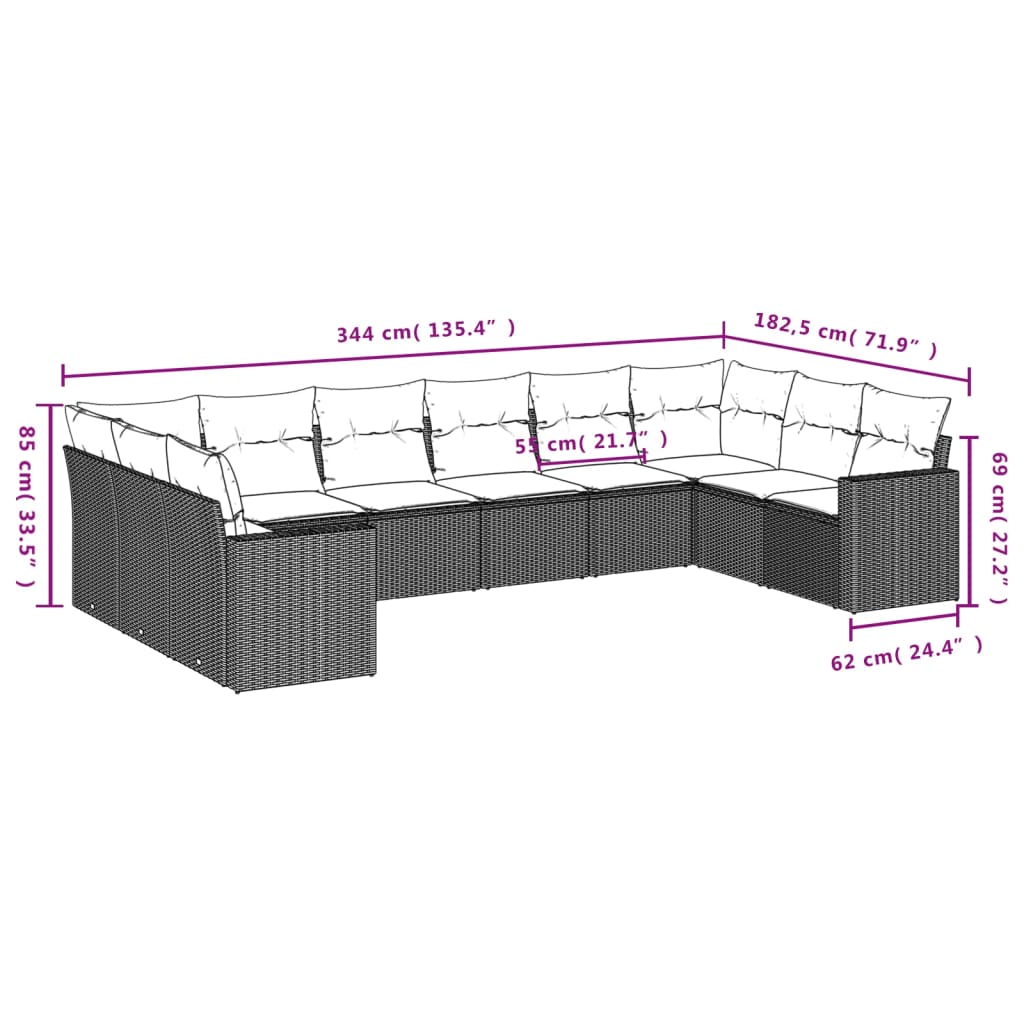 vidaXL Salon de jardin 10 pcs avec coussins Noir Résine tressée