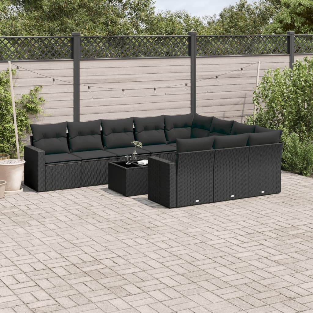 vidaXL Salon de jardin 11 pcs avec coussins Noir Résine tressée