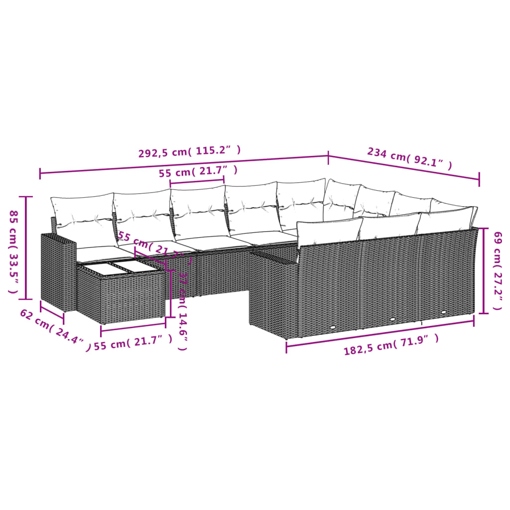 vidaXL Salon de jardin 11 pcs avec coussins Noir Résine tressée
