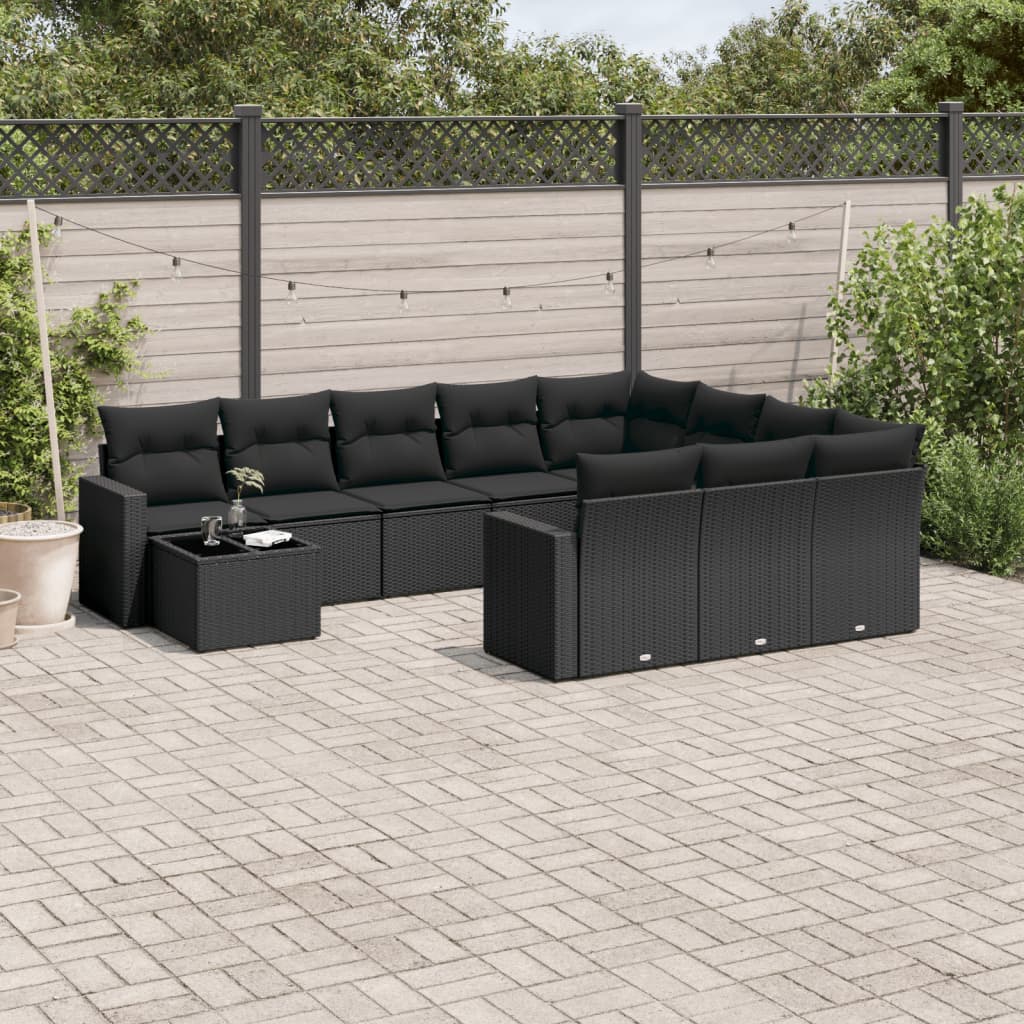 vidaXL Salon de jardin 11 pcs avec coussins Noir Résine tressée
